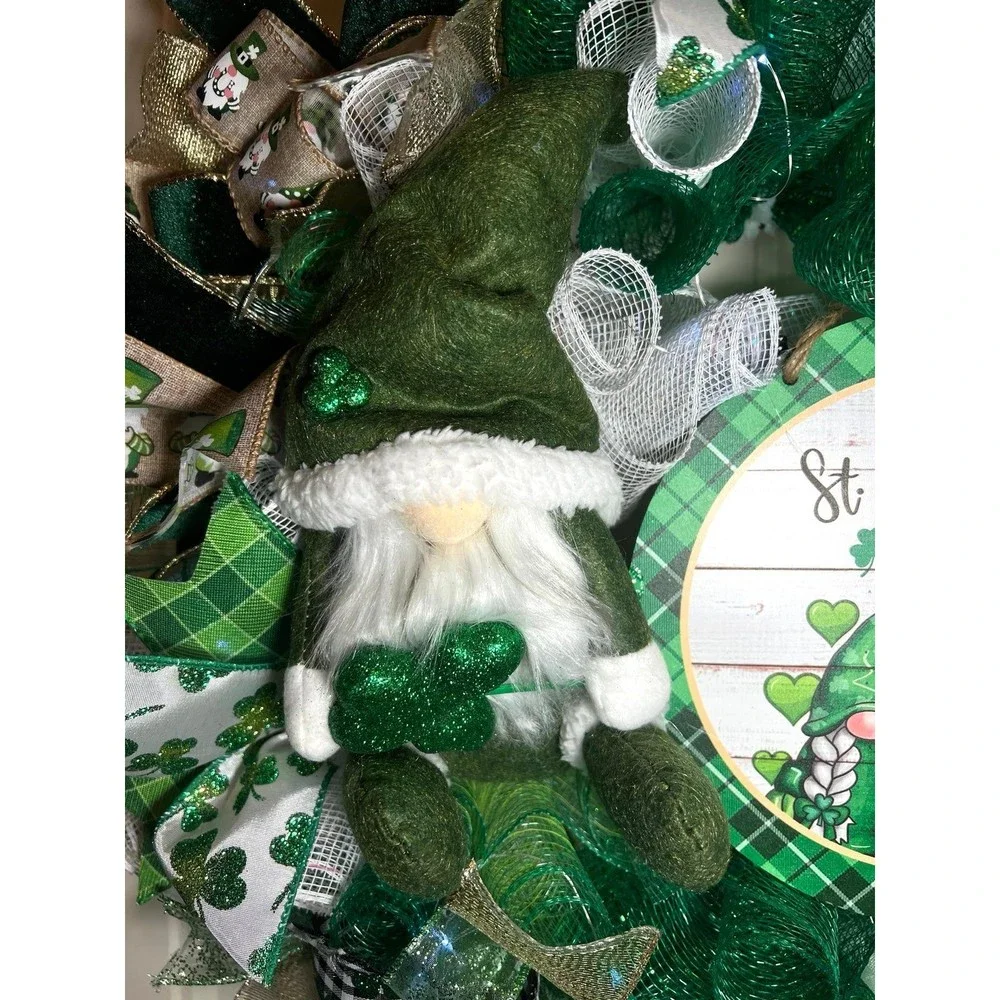 Handmade Happy St. Patrick’s Day Gnome Ribbon Prelit Wreath 22 ins LED W12